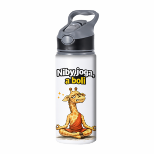Bidon z żyrafą  „Niby joga, a boli” – joga , fitness , siłownia
